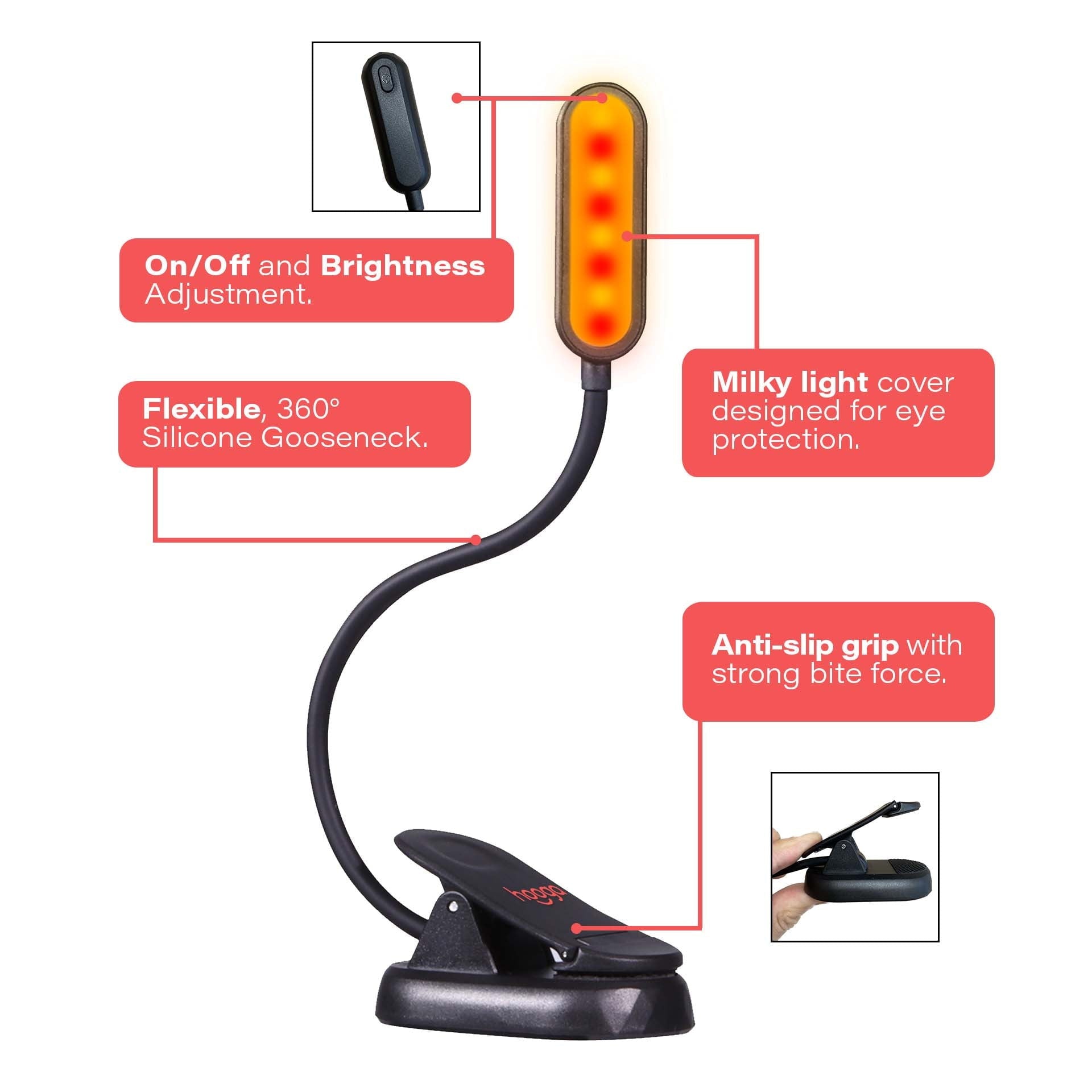 Hooga Health Amber & Red Clip-On Book Light