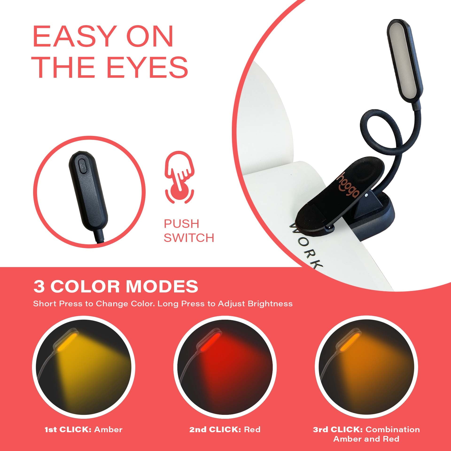 Hooga Health Amber & Red Clip-On Book Light