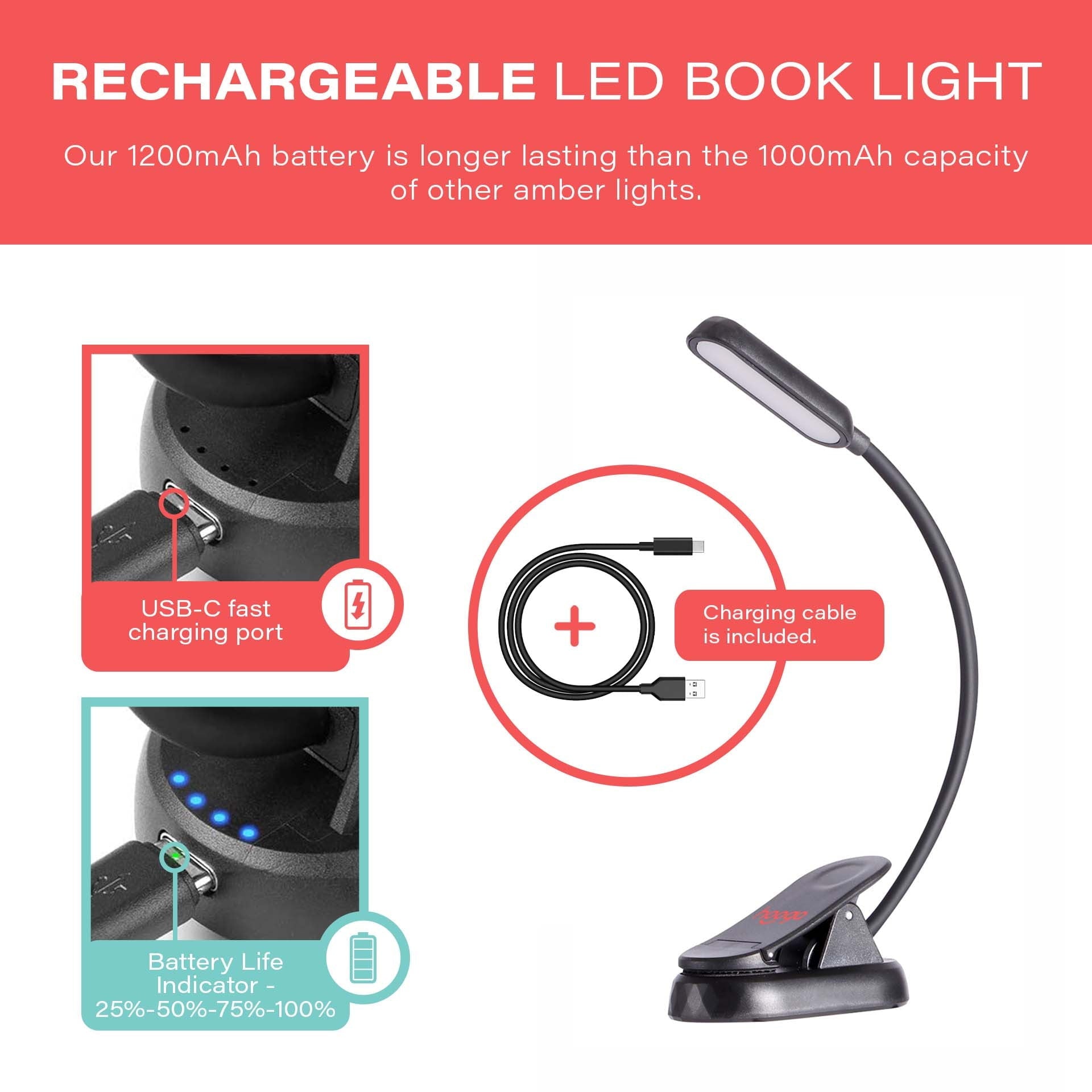 Hooga Health Amber & Red Clip-On Book Light